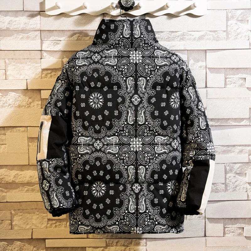 2021 winter new down men's down jacket Japanese cashew flower print short couple models stand-up collar bread jacket