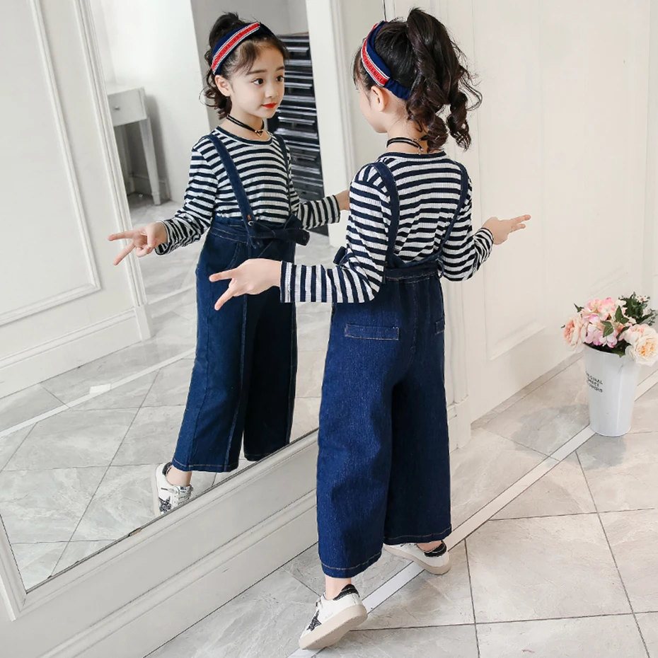 Одежда для подростков девочек детский комбинезон из джинсовой ткани и футболка 2