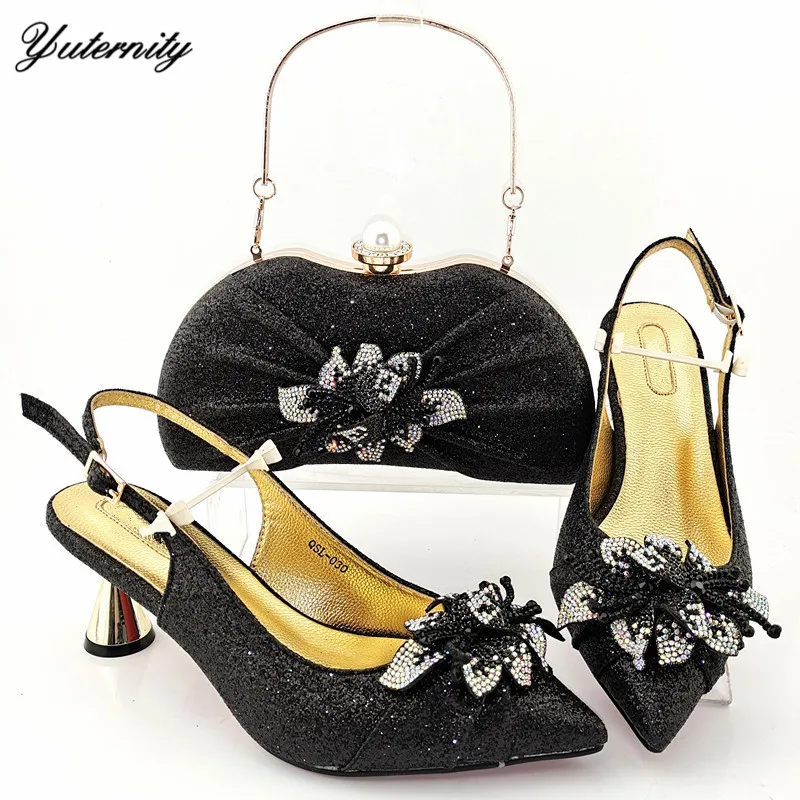 

New Classics Women African Black Shoes With Matching Bags Set Italian Elegant High Heels Shoes And Bags Set For Evening Party