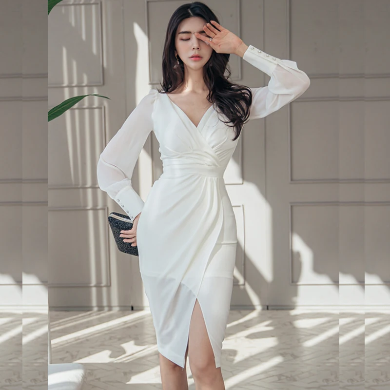 

New 2021 Woman Spring Sexy Deep V Sheath Bodycon Pencil Dress White Slim Split Office Lady Party Simple Series Dresses