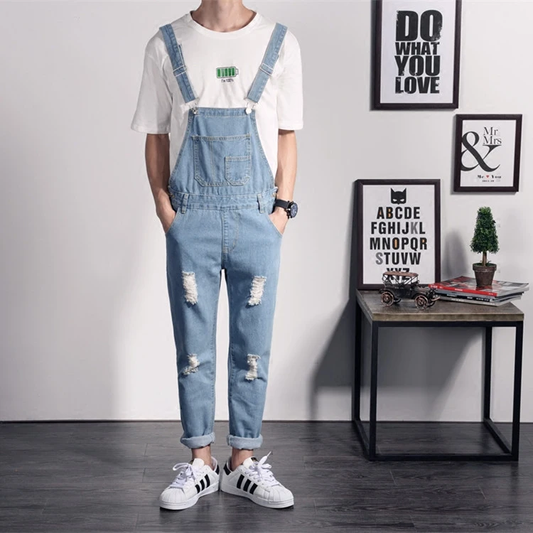 

Men's Bib Denim Overall Casual Blue Ripped Jeans Jumpsuit for Men Ankle Romper Jumpsuit Men Hip Hop Suspender Jean Pants