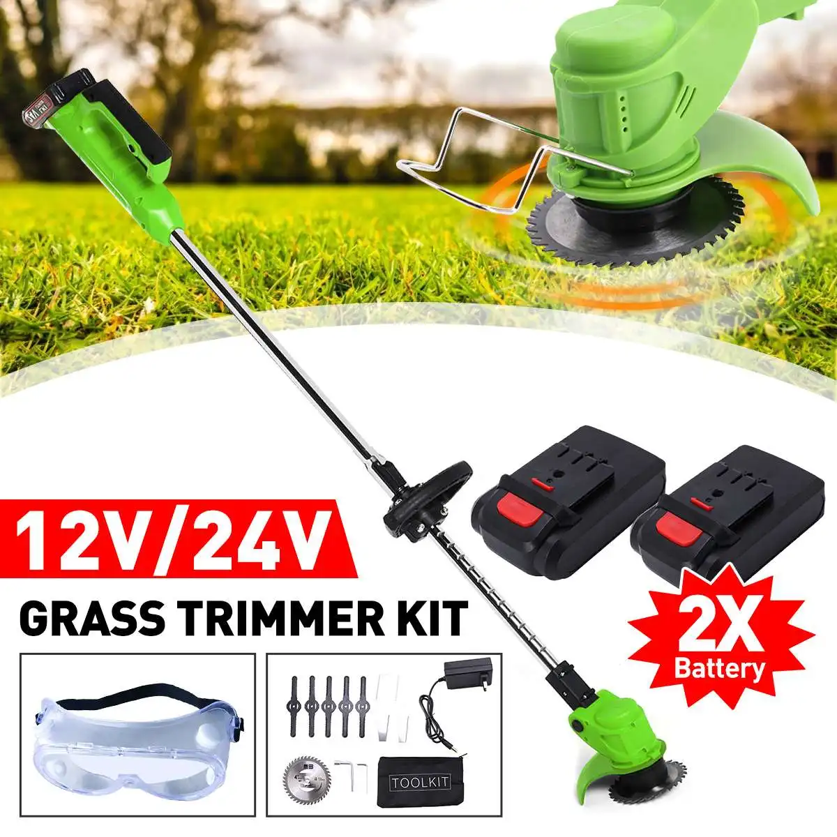 12V/24V Cordless Electric Lawn Mower Adjustable Working Angle Electric Grass Trimmer Garden Tool+2Pcs 2000mAh Li-ion Battery