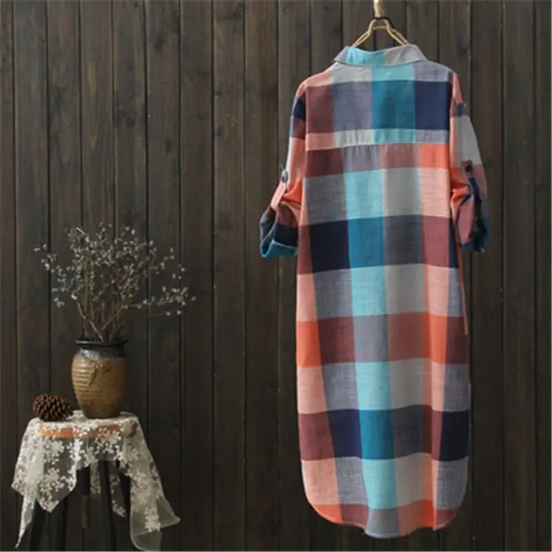 Блузка женская однобортная в клетку Повседневная Свободная винтажная рубашка