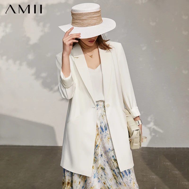

Amii Minimalism Spring New Women's Jacket Offical Lady Solid Lapel Single Button Loose Female Coat Causal Blazer Women 12130197