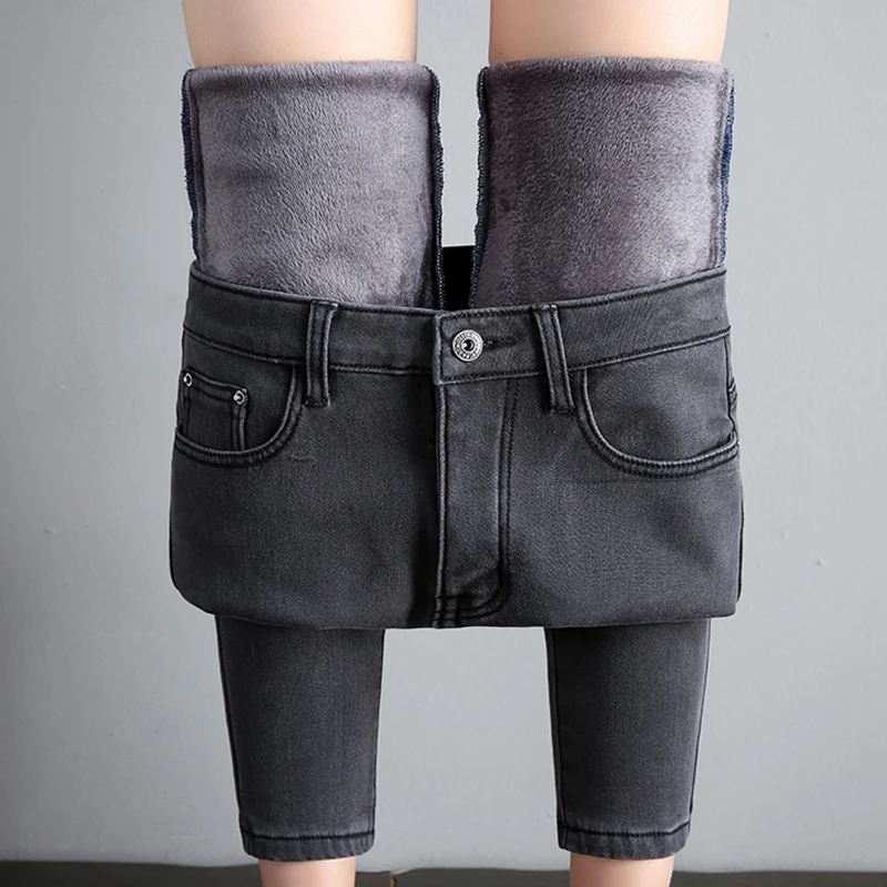 Зимние джинсы женские бархатные джинсовые брюки 2019 Высокая талия длиной до