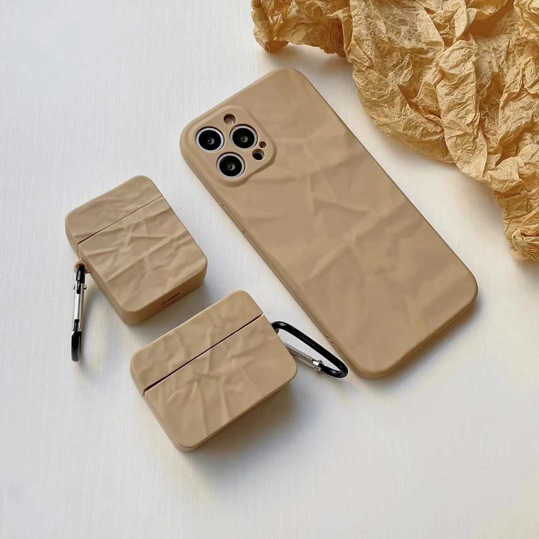 2pcs/Set Retro brown 3D Water Ripple Case For iphone 13 12 pro 11 X XR XS MAX 7 8 Plus for airpods 3 1 2 Pro silicone cover