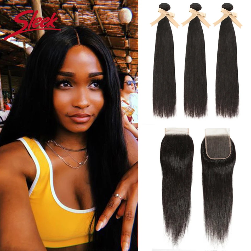 Гладкие прямые пучки волос с закрыванием 28 дюймов натуральных 100% бразильские 3