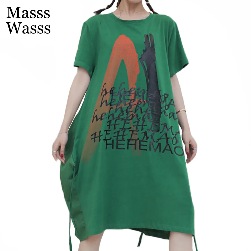 

Masss Wasss British Fashion Style 2021 Ladies Green Short Sleeve Dress Womens Letter Printed Dresses Girls Oversized Vestidos