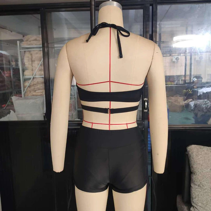 

Black Women's Bandage Bikini Set Backless Sexy 2021 Halter Swimsuit Two Piece Filled Bra Swimwear Beachwear Swimming Suit Shorts