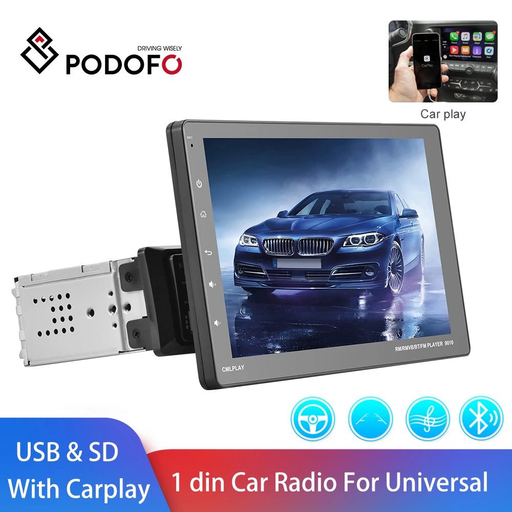 

Podofo One Din 9'' Car Radio Carplay FM Bluetooth USB TF Car Multimedia Player 1 din Touch Screen Auto Stereo For Universal
