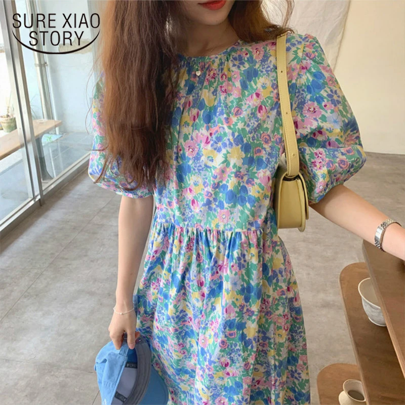 

2021 Women Summer Dress Sweet Oil Panting Flower Long Dress High Waist Puff Sleeve Pleat Dresses Woman Pullover Clothing 14540