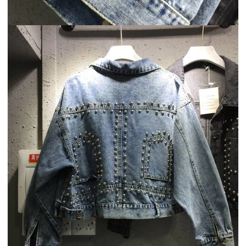 

Women 2021 Spring Autumn New Korean Style Fashion Long Sleeve Rivet Turn-down Collar Denim Jacket Short Loose Jean Coat Y356