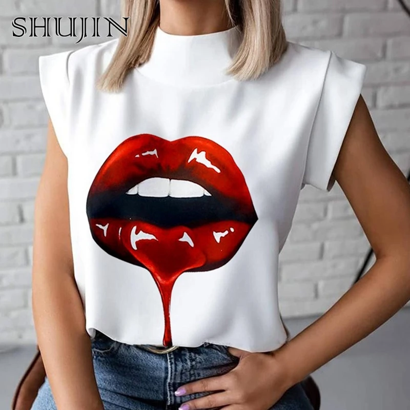 

SHUJIN 2021 Fashion Women Elegant Lips Print Tops Blouse Shirts Summer Ladies Office Casual Stand Neck Pullovers Eye Blusa Tops