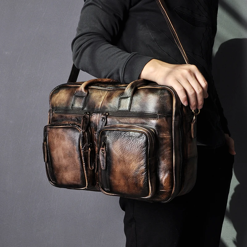dark brown Мужской портфель из восковой кожи, античный дизайн, деловой портфель для путешествий, сумка для ноутбука, модная сумка-мессенджер, мужская сумка-тоут k1013 - Цвет: dark brown