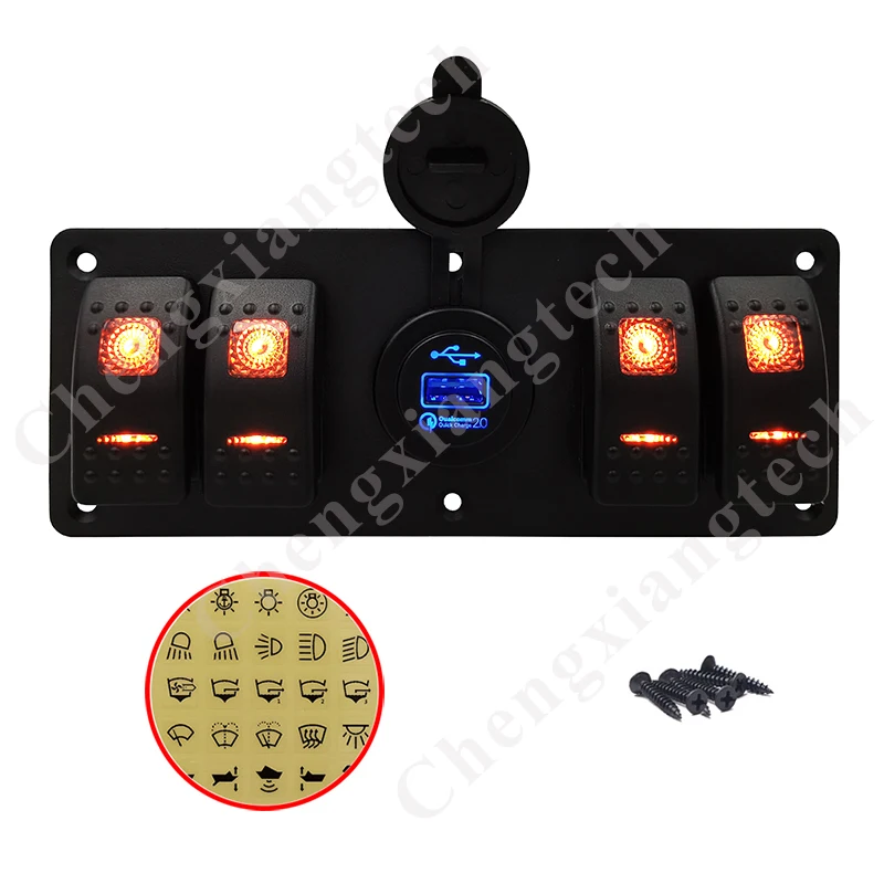 

Pre-wired 12V-24V 4 Gang Orange Led Rocker Switch Aluminum Panel with USB Quick Charger Socket + Stickers for Car Rv Bus Boat
