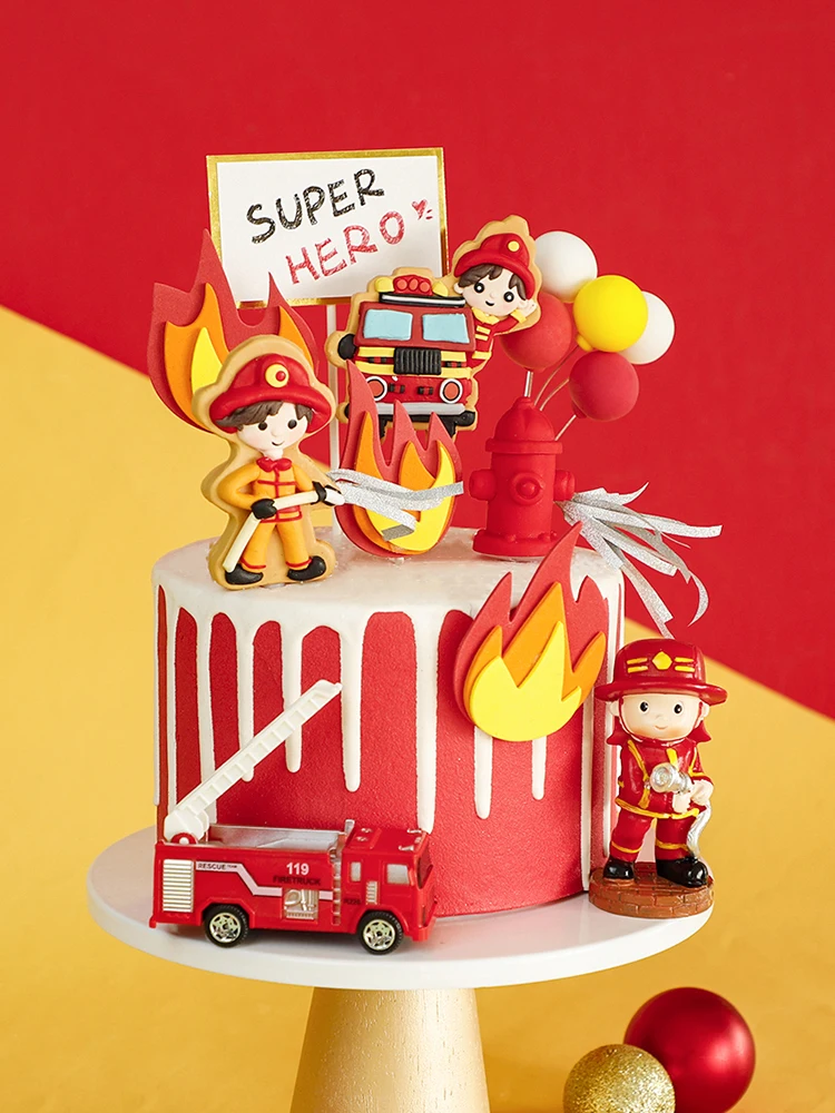 Герой Пожарный торт Топпер Декор золотой красный мяч пожарная машина пламя