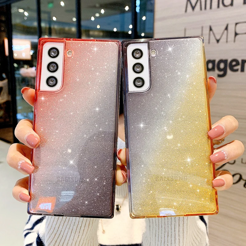 

Rainbow Gradient Flash Shockproof Phone Case For Samsung S21 S20 S10 S9 Straight Side Square For Samsung Mote 20 Ultra TPU Cover