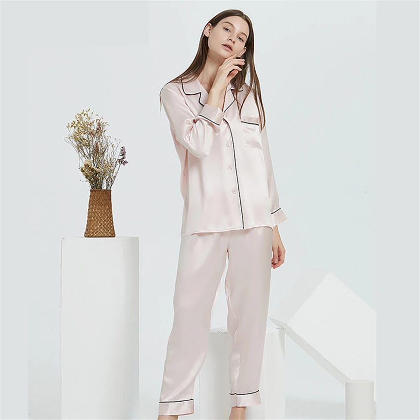 

Luxury 100% Mulberry Silk Pajama Sets Women Elegancen Long Sleeve Noble Pyjamas Mujer Natural Silk Sexy Red Women Sleepwear