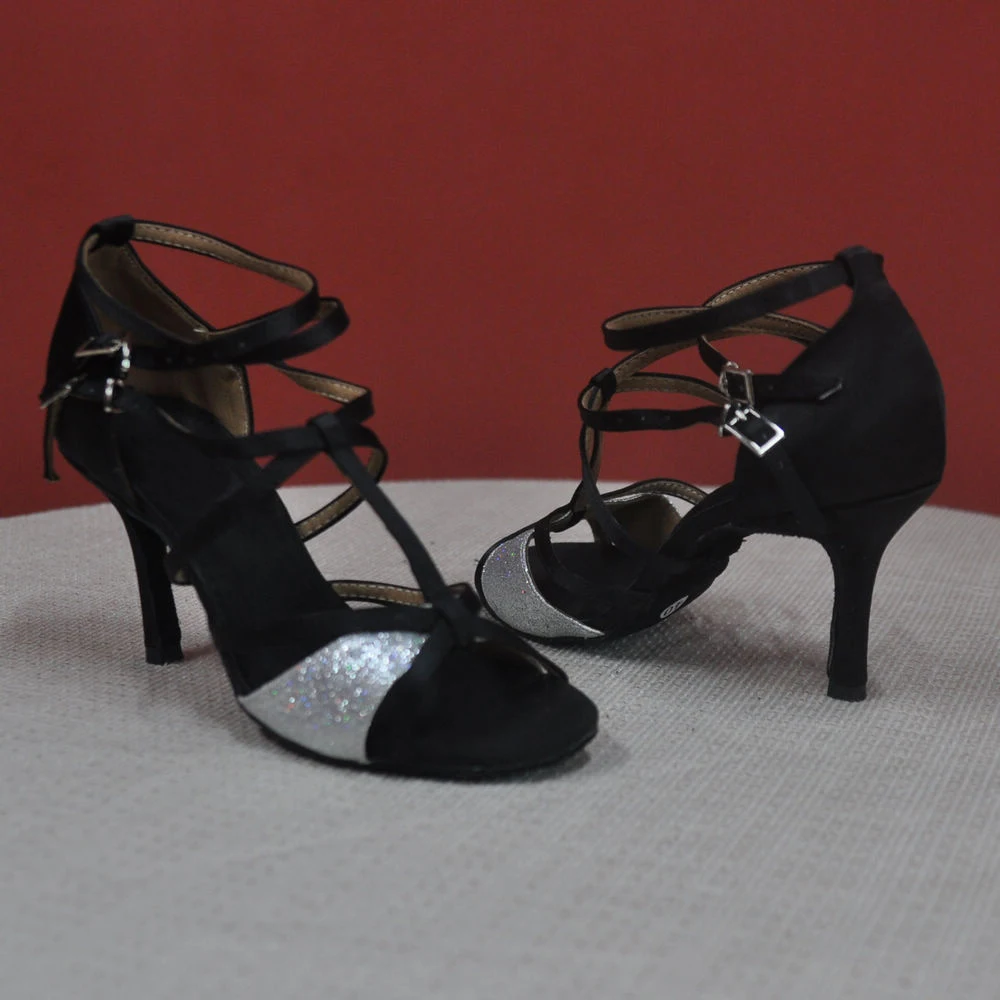 

Size US 4-12 Heel Height 8.3cm Professional Black Satin With Silver Glitter Salsa Latin Dance Shoes For Women Open Toe