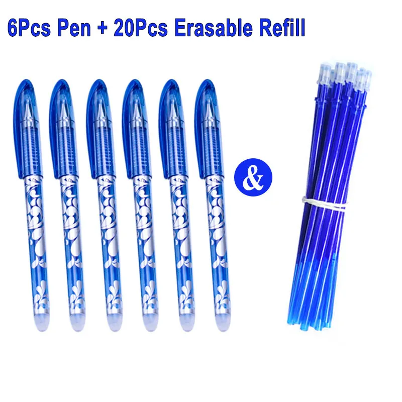 6 blue pen & 20 refills 6+ 20 шт/набор стираемая гелевая ручка 0,5 мм стирающаяся ручка с пастой штангой синие Черные чернила моющаяся ручка для школы канцелярские принадлежности для офиса письма - Цвет: 6 blue pen & 20 refills