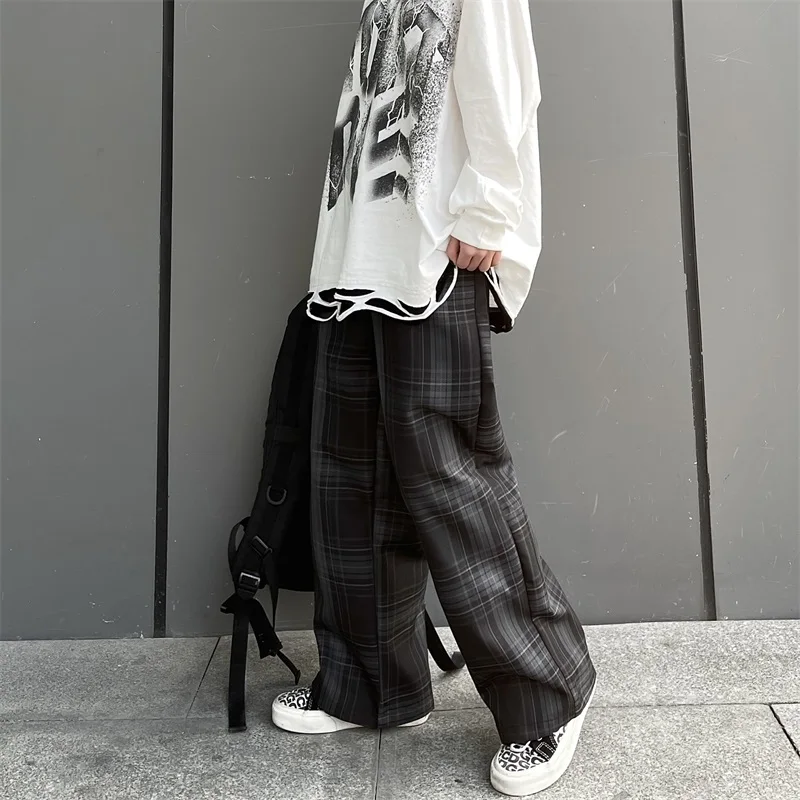 

Korean Style Streetwear Plaid Pants Women Spring 2021 Vintage Checked Trousers Harajuku Wide Leg Pants Fashion Unisex