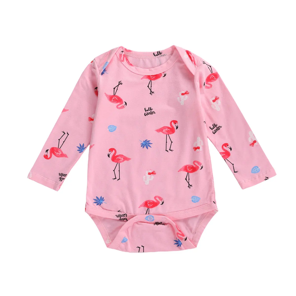 

2020 Autumn Newborn Baby Girls Clothing Long Sleeve Round Collar Cartoon Flamingo Print Bodysuits Toddler Casual Jumpsuits 3-24M