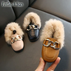 Осенне-зимняя обувь для маленьких девочек; Детские лоферы из искусственной кожи; Детская теплая обувь; Ins; Искусственная кожа; Кроличья шерсть; Медаль с пряжкой; Для детей от 2 до 12 лет