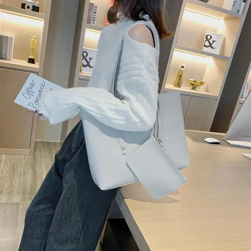 

2pcs/set Women Fashion Shoulder Handbag PU Leather Simple Pure Color Women's Bag Large Capacity Shopping Clutch Totes Bolsas