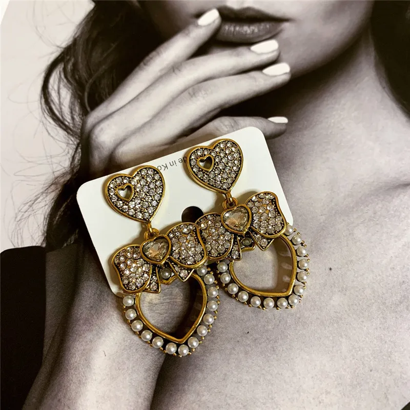 Ретро темперамент полые в форме сердца со стразами роскошные серьги винтажные