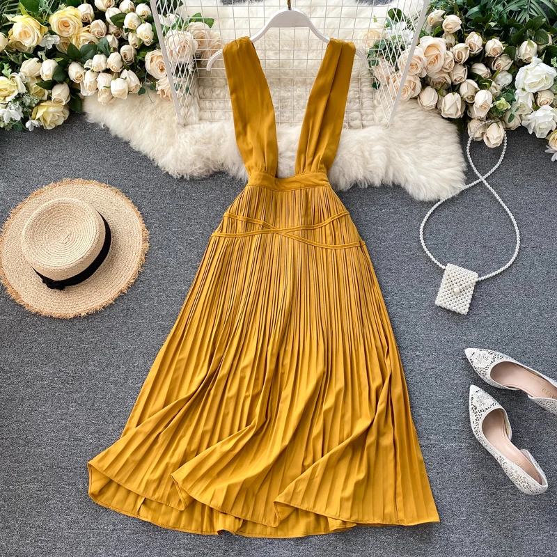 Платье SINGRAIN женское Плиссированное на бретельках Длинное Элегантное однотонное