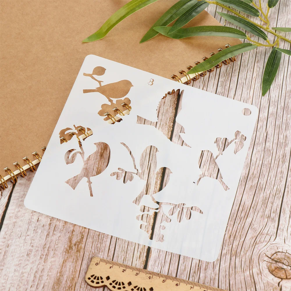 16Pcs/Set Flying Bird Painting Stencils Reusable Animals Tree Stencil Template with Metal Open Ring DIY Scrapbooking Decor Craft - купить по