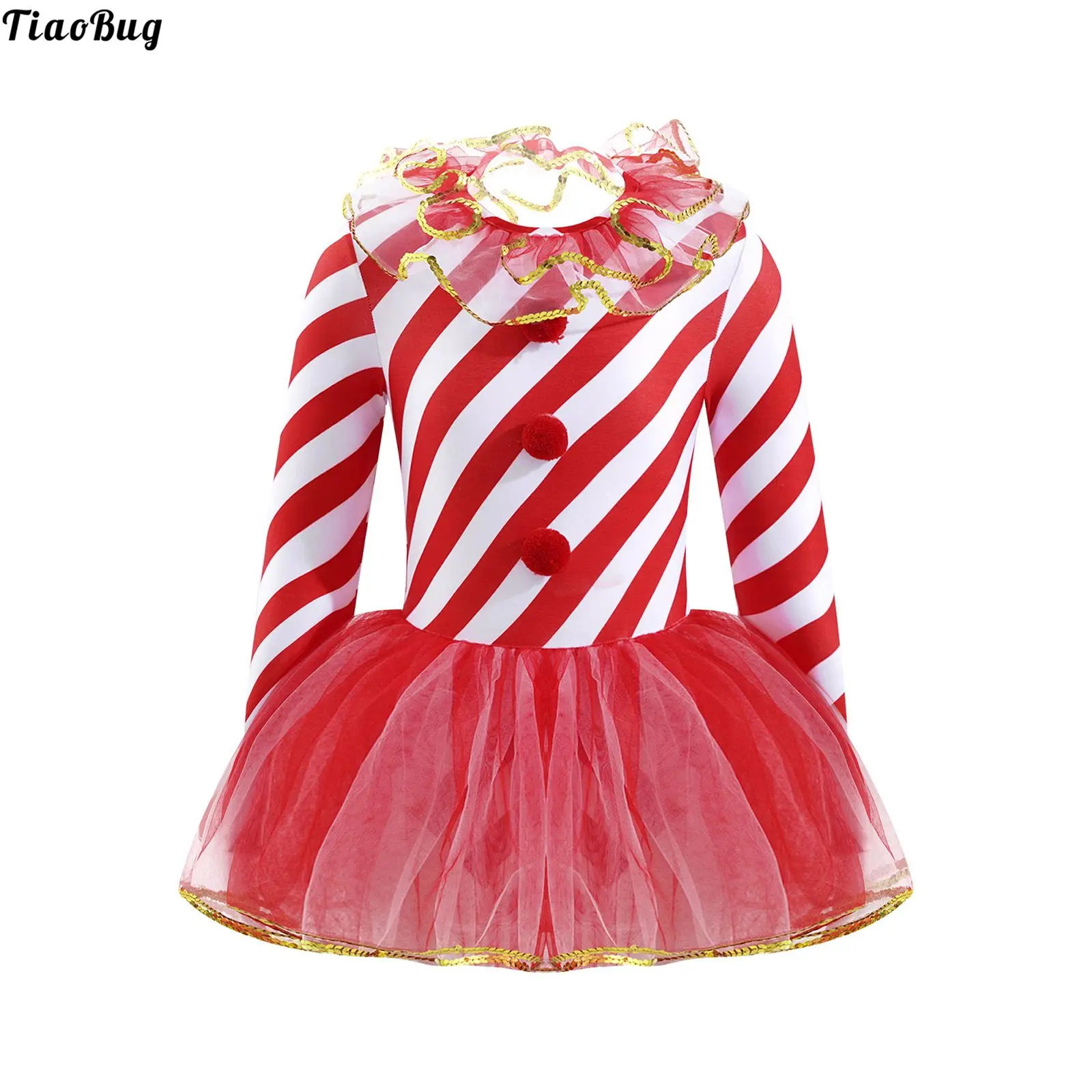 

TiaoBug Kids Girls Christmas Costume Halter Neck Long Sleeves Open Upper Back Stripes Print Pompoms Sequins Mesh Jumpsuit Dress