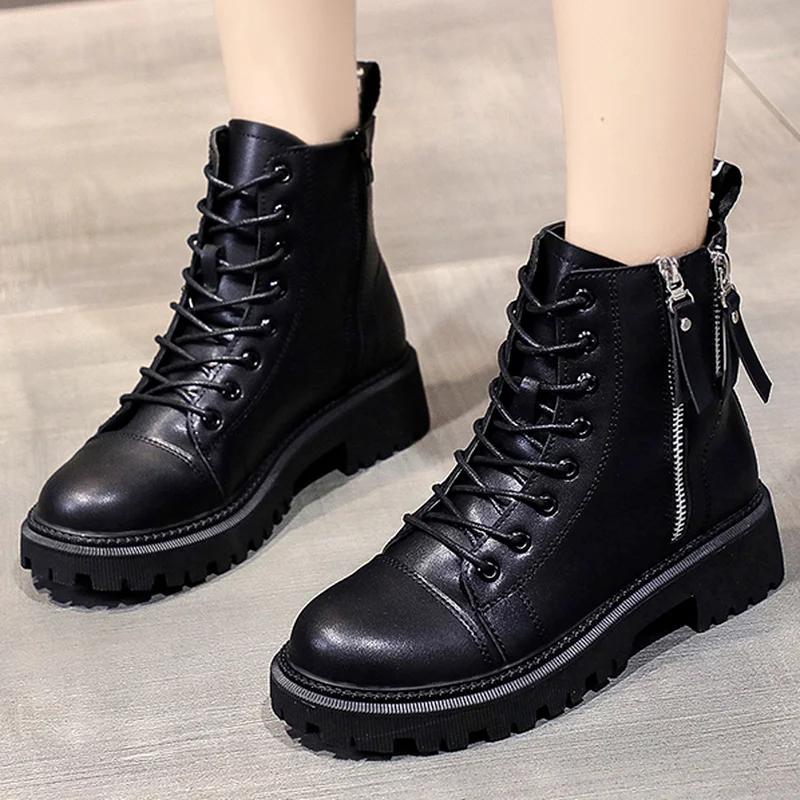

Women Round Head Platform Boots 2022 Autumn New Double Side Zippers Lace-Up Pu Leather Fashtion Round Head Women Casual Boots