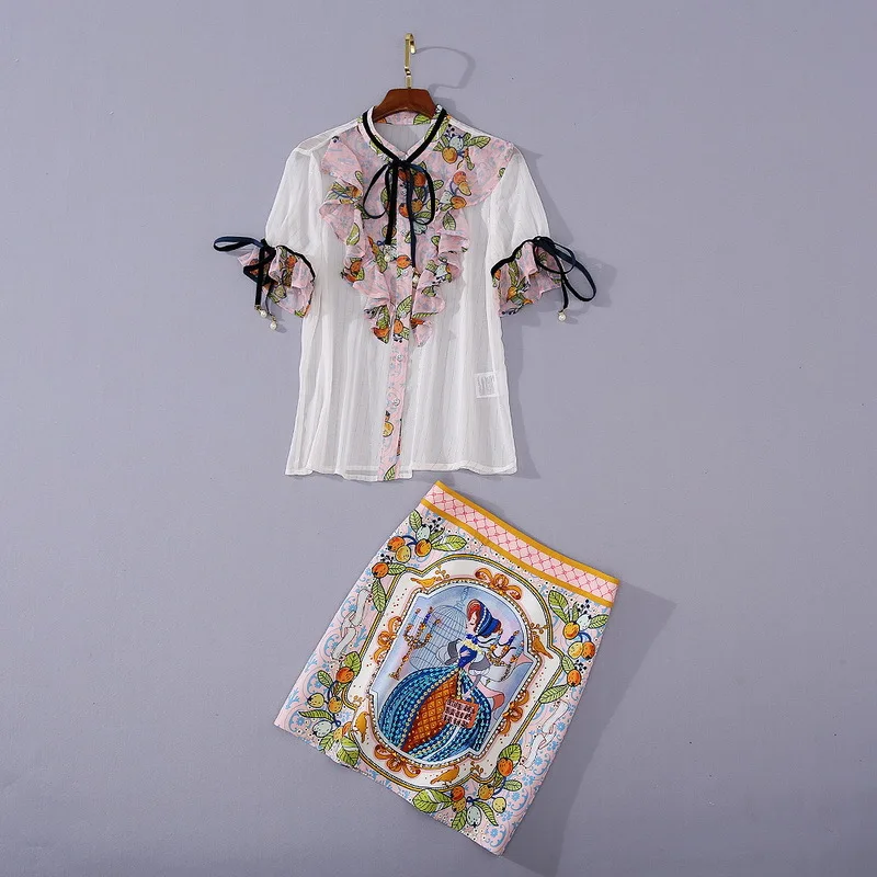 

European and American women's wear 2020 summer new style Short - sleeved shirt floured edge Cartoon print skirt Fashion suits
