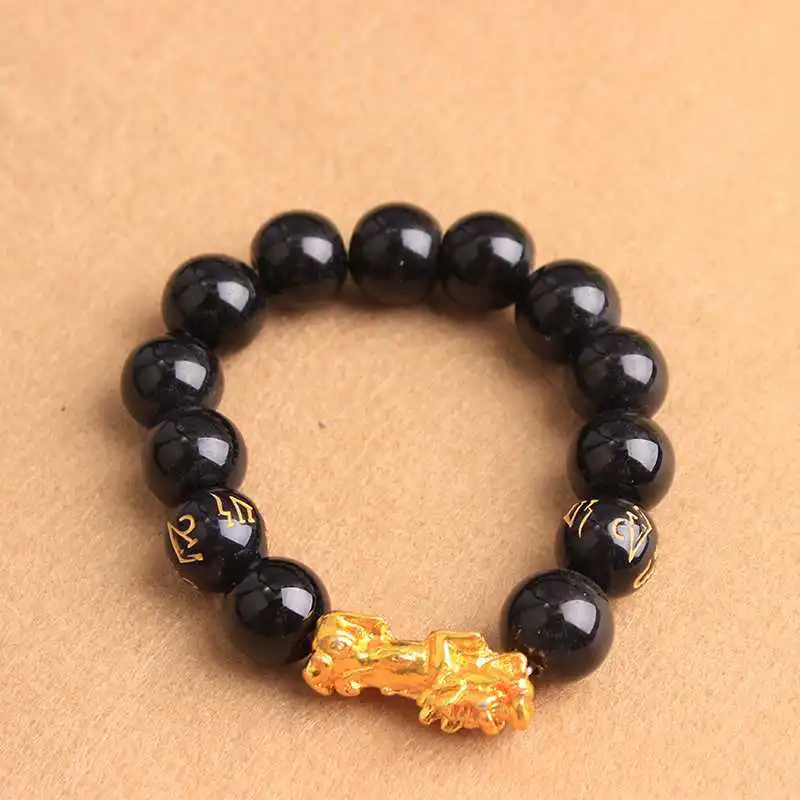 

Natural Obsidian Gold Pixiu Feng Shui Bracelet Men Women Black Jades Buddha Beads Brave Troops Elastic Beaded Amulet Bracelets