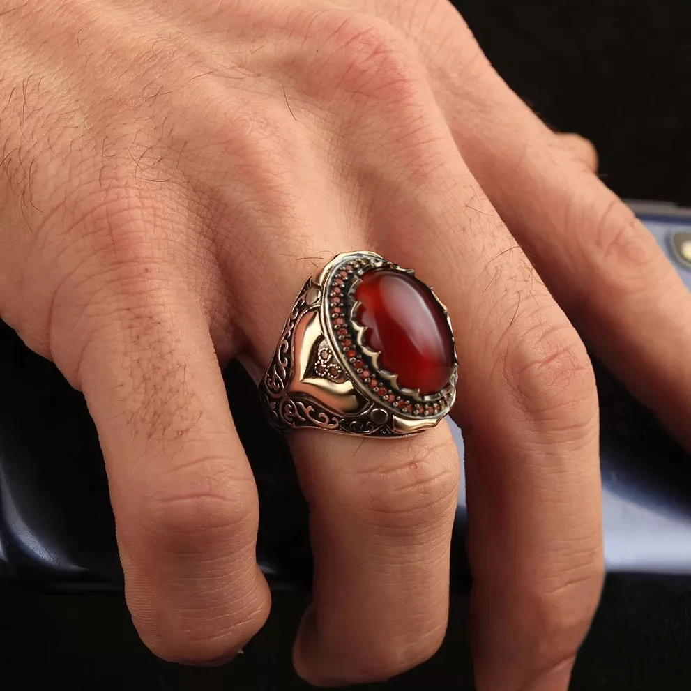 

New 2021 Trendy Vintage Retro Middle East Arab Style Ancient Metal Red Garnet Stone Flame Ring Punk Jewelry for Men Party Gifts