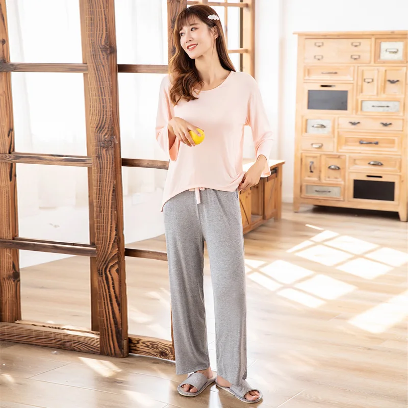 2021 Spring Summer Pajamas Women's Home Wear Nightwear Wide Leg Pants Fashion Casual Pure Contrast Cotton Home Suit Sleepwear
