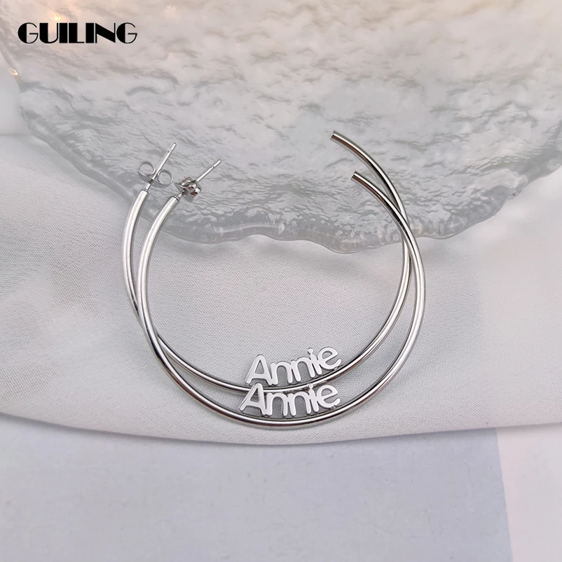 1 Pair Personalized Custom Big Circle Name Earrings Stainless Steel Large Hoop Earring For Fashion Women Anniversary Jewelry pair of graceful rhinestoned hoop earrings for women