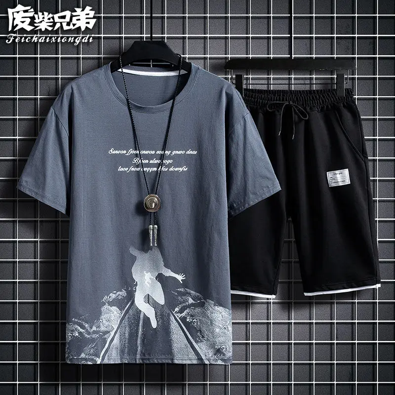 

One-Piece/Suit 100% Cotton Summer New Short-Sleeved Suit Men's Sports Casual Short-Sleeved Shorts Suit Fashion Brand