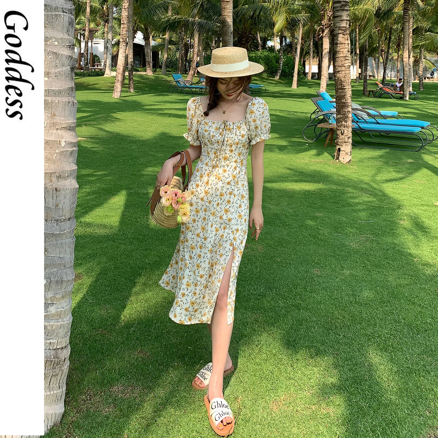 

2021 Summer Women Elegant Sweet Floral Camisole Dress V-Neck Fairy Strap Dress Beach Evening Party Kawaii One Piece Dress Korean