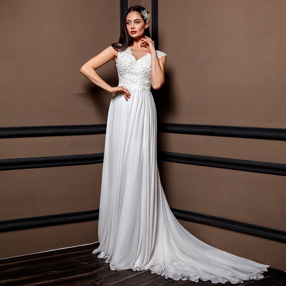 

Elegant Sleeveless Chiffon A Line Bridal Gowns 2021 Sweep Train Sheer V-neck Wedding Dress with Applique