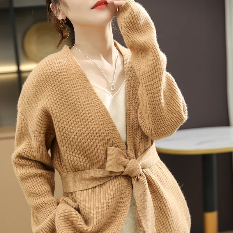 

European And American New Style Pure Wool Cardigan Women's Loose Belt Large Size Autumn And Winter Knitted Cashmere Sweater Coat