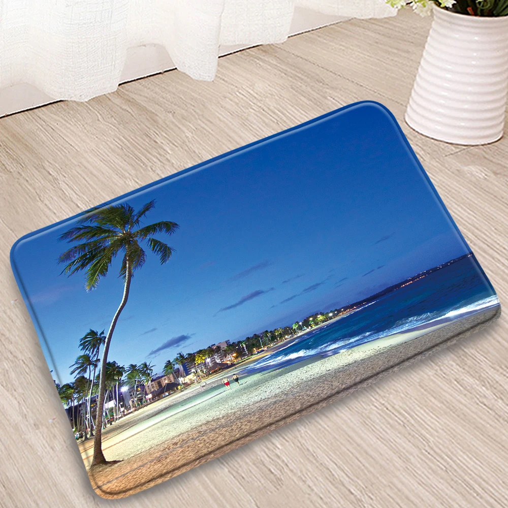 

Ocean Beach Bathroom Mat Natural Landscape Plants Palm Tree Green Leaves Waves Bedroom Kitchen Flannel Non-Slip Carpets Washable