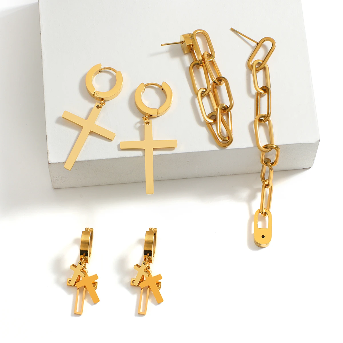

AENSOA Fashion Stainless Steel Gold Color Chain Cross Pendant Earrings Punk Geometric Earrings for Women Jewelry 2021 pendientes