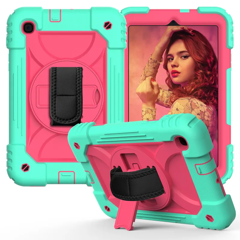 

For Samsung Tab A 8.4 T307 Tablet Case Silicone PC Rotating Bracket Protective Shell Colorful Contrast Color Strap Hand Strap