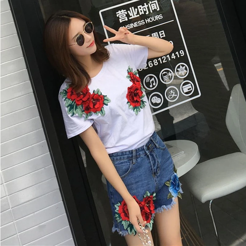 Короткая летняя белая новая хлопковая Футболка с рукавами джинсовые шорты