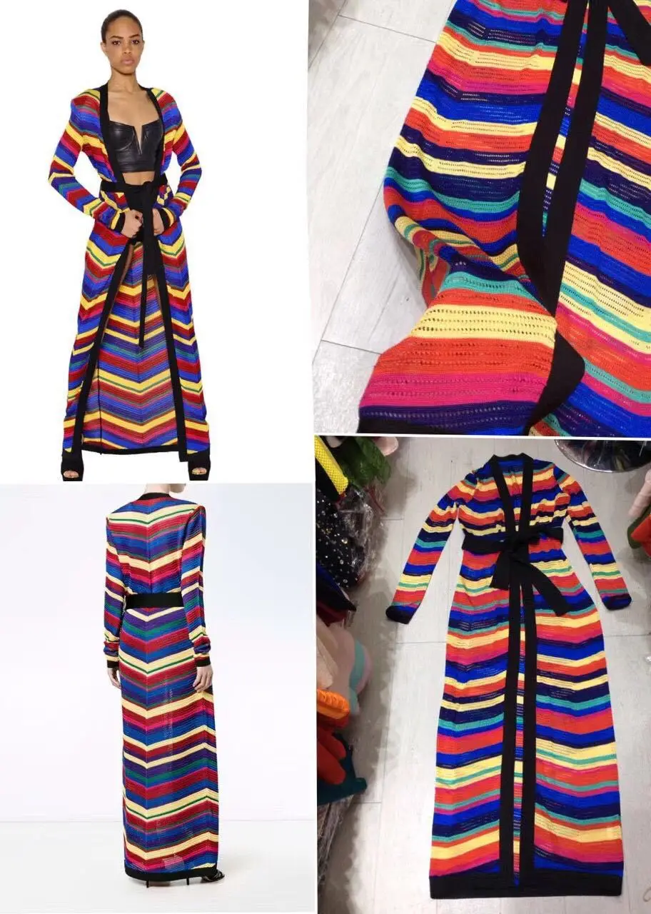 

2021 Beautiful Color Stripe Belt Extended Mesh Knitted Cardigan Coat