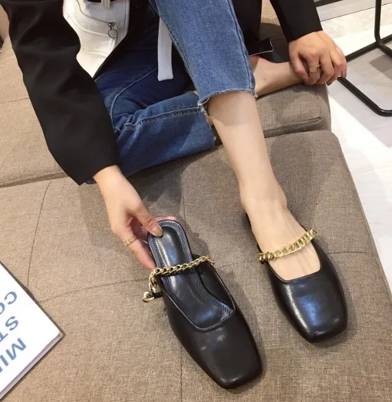 

Med Loafers Female Shoes Square Toe Slippers Casual Slides Mules For Women 2020 Rivet New Luxury Cover Bonded Leather Hoof