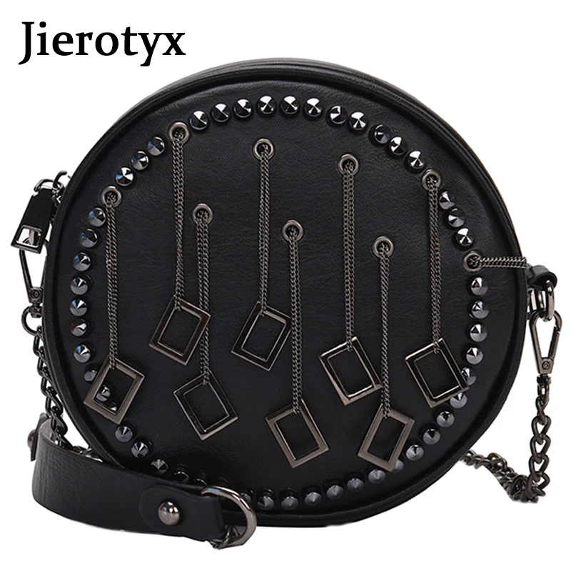 JIEROTYX черные панковские сумки с заклепками из искусственной кожи, женские сумки через плечо, модные круглые сумочки на цепочке, дорожные сумки-мессенджеры