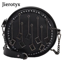 jierotyx black punk rivet pu leather crossbody bags women 2022 fashion round chain purses handbags travel messenger bag clutche